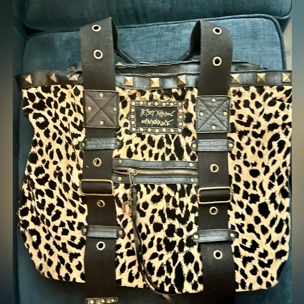 Large Vintage Betsey Johnson Leopard Print Tote Bag with Studded Trim - Picture 1 of 10
